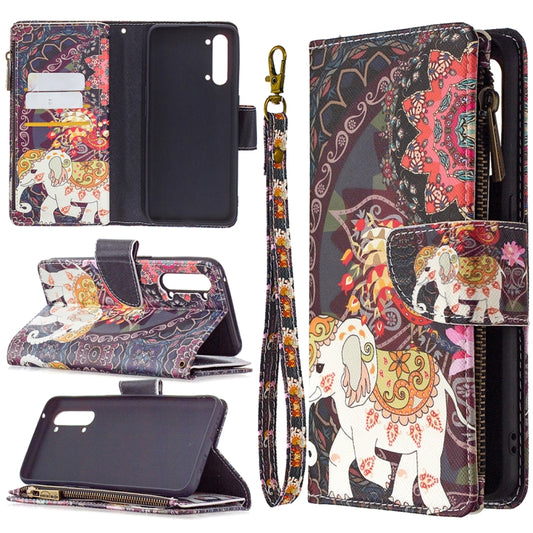 Zippered flip phone wallet case with card slots, colorful elephant pattern, wrist strap
