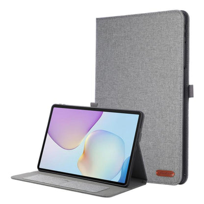 Grey fabric-texture flip leather tablet case with hand strap and stand