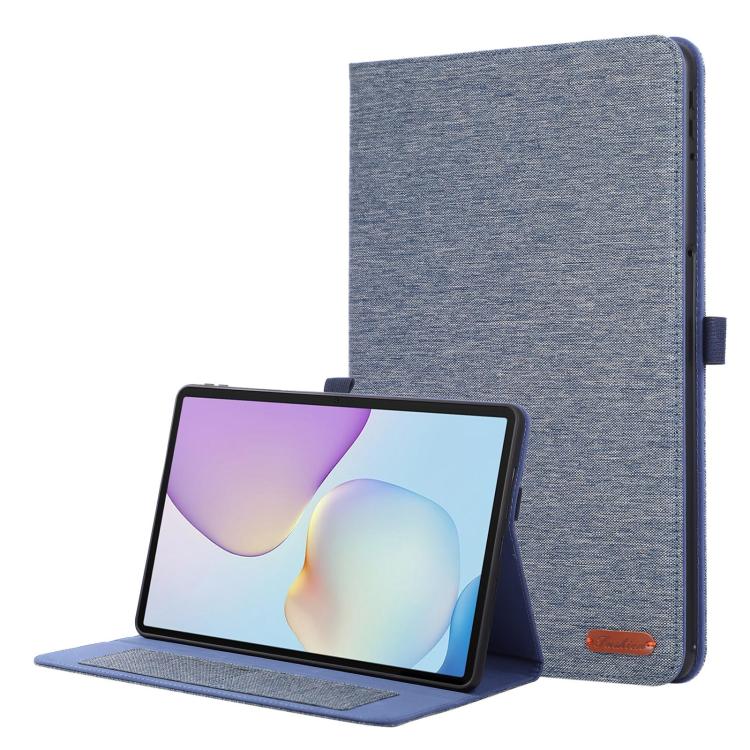 Blue fabric-texture flip leather tablet case with hand strap and stand