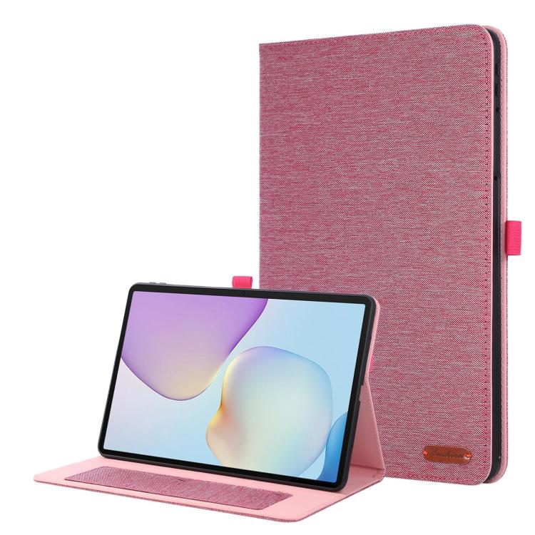 Pink fabric-texture flip leather tablet case with hand strap and stand