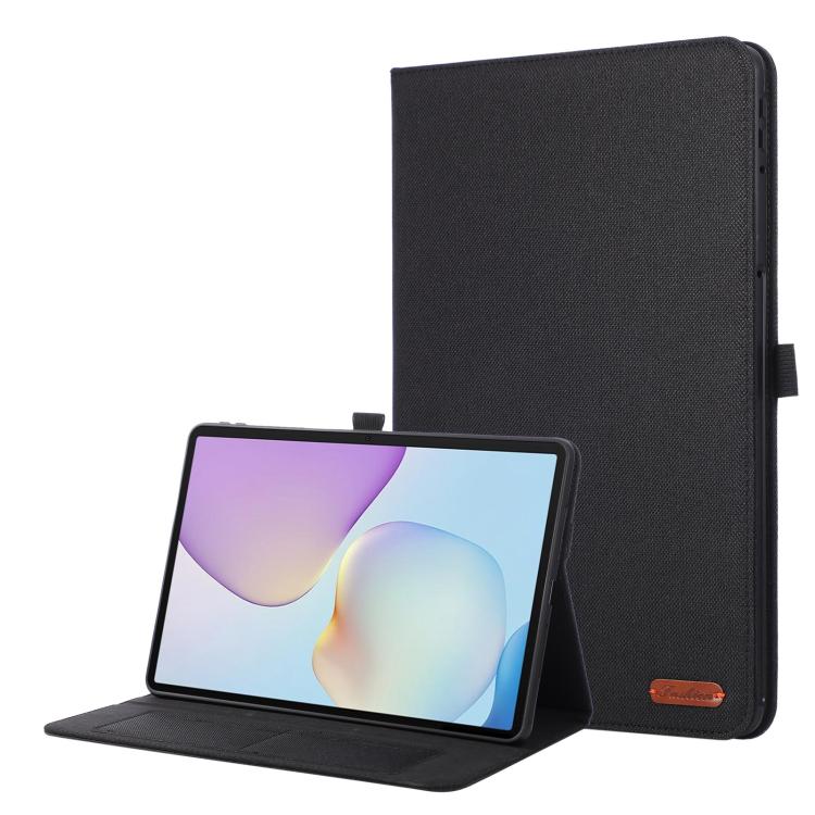 Black fabric-texture flip leather tablet case with hand strap and stand