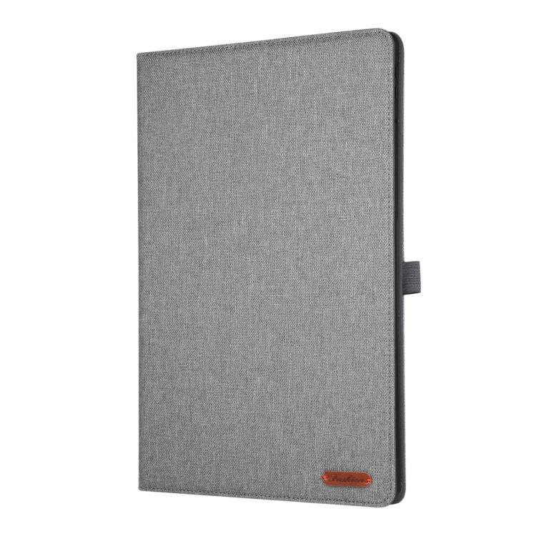 Grey flip tablet case with textured fabric cover, shown closed