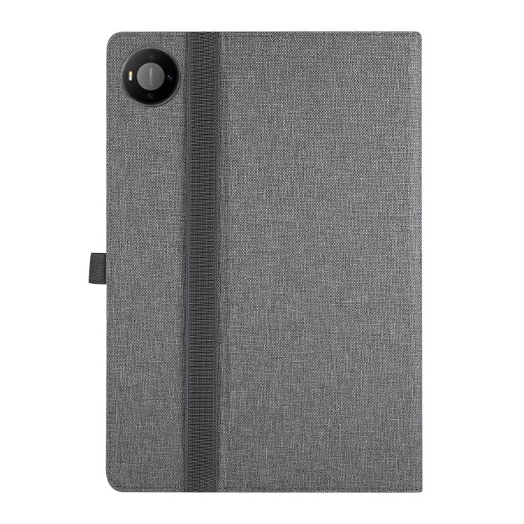 Grey textured tablet case with circular camera cutout on back