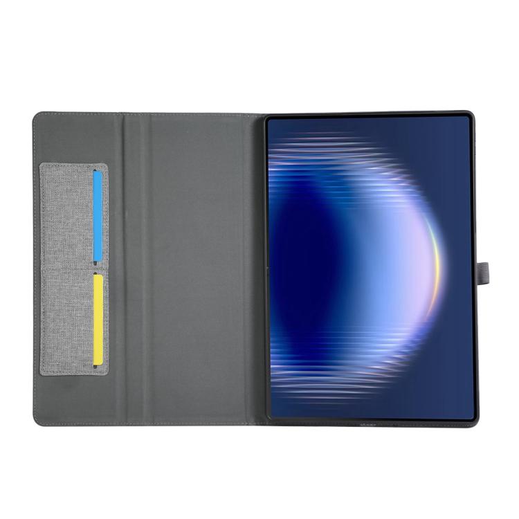 Grey flip tablet case with interior slots and stand, shown open