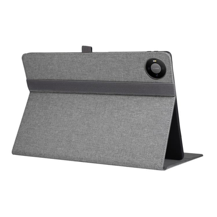 Grey flip tablet case with circular camera cutout and stand, shown at angle