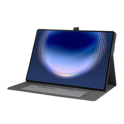 Grey fabric tablet case with flip cover and stand, tablet propped up