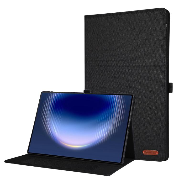 Black fabric tablet case with flip cover and stand, tablet propped up