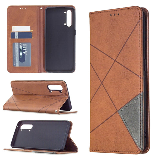 Brown leather phone case with rhombus pattern, card slots, and flip-stand design