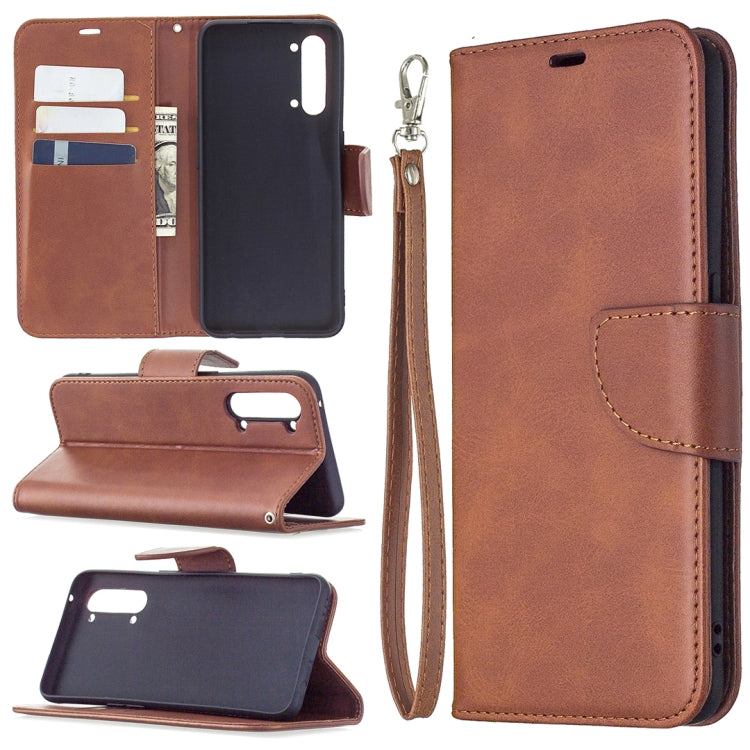 Flip phone wallet case with card slots and wrist lanyard; brown