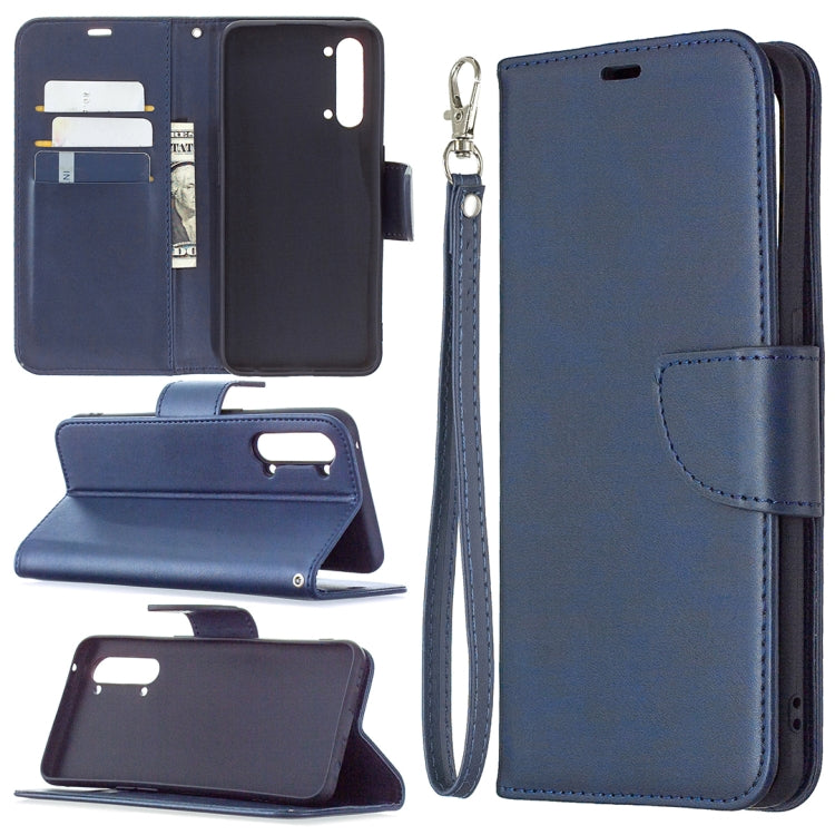 Flip phone wallet case with card slots and wrist lanyard; blue
