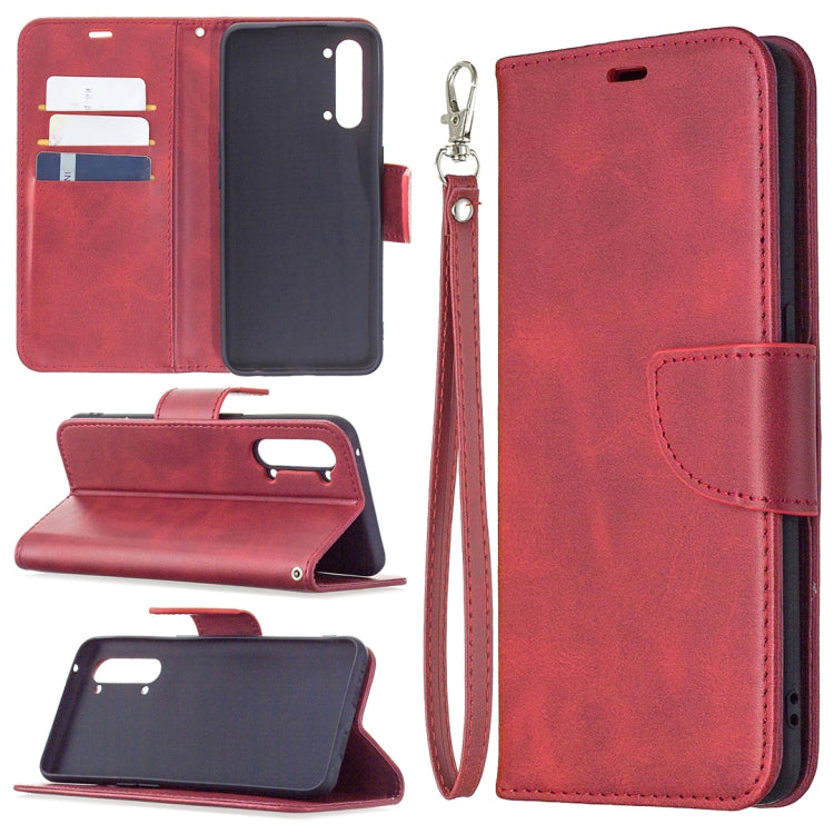 Flip phone wallet case with card slots and wrist lanyard; red