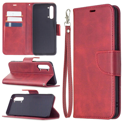 Flip phone wallet case with card slots and wrist lanyard; red