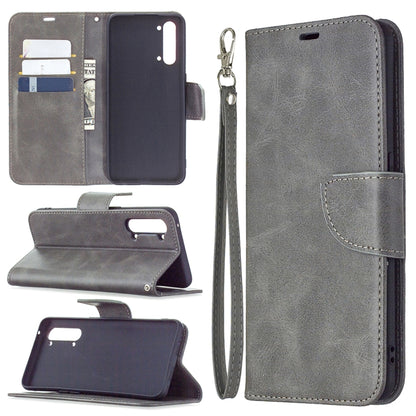 Flip phone wallet case with card slots and wrist lanyard; light gray