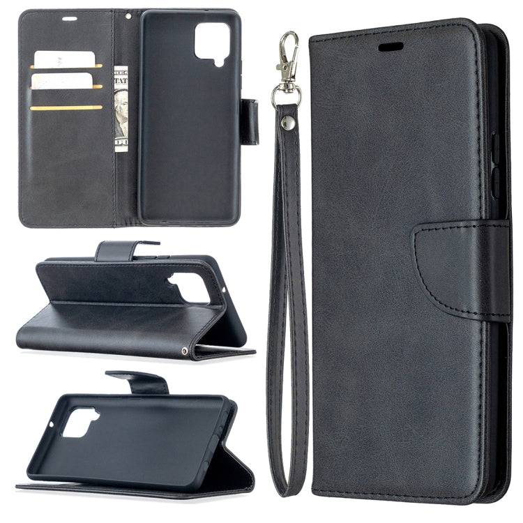 Black flip phone wallet case in PU leather with card slots and wrist lanyard.