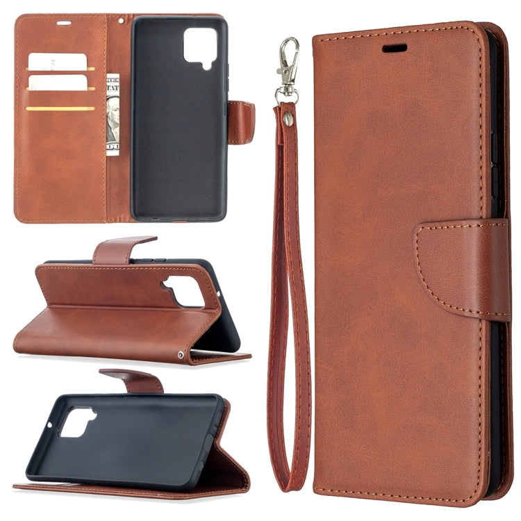 Brown flip phone wallet case in PU leather with card slots and wrist lanyard.