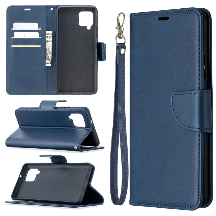 Blue flip phone wallet case in PU leather with card slots and wrist lanyard.