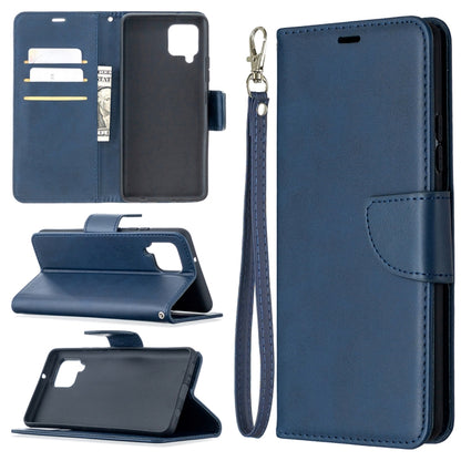 Blue flip phone wallet case in PU leather with card slots and wrist lanyard.