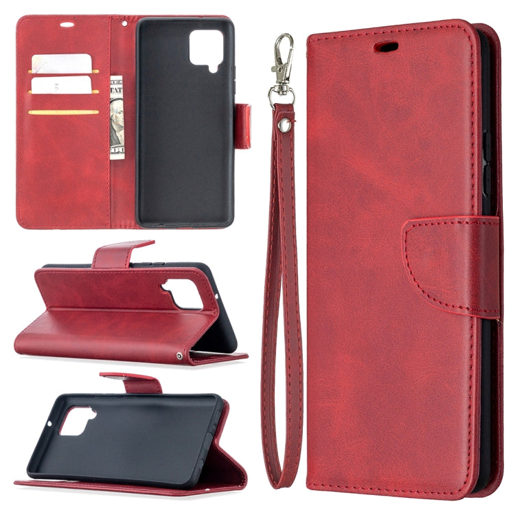 Red flip phone wallet case in PU leather with card slots and wrist lanyard.