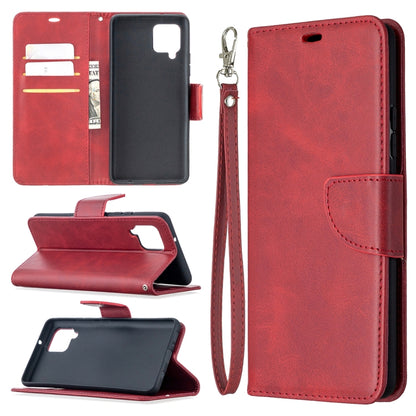 Red flip phone wallet case in PU leather with card slots and wrist lanyard.