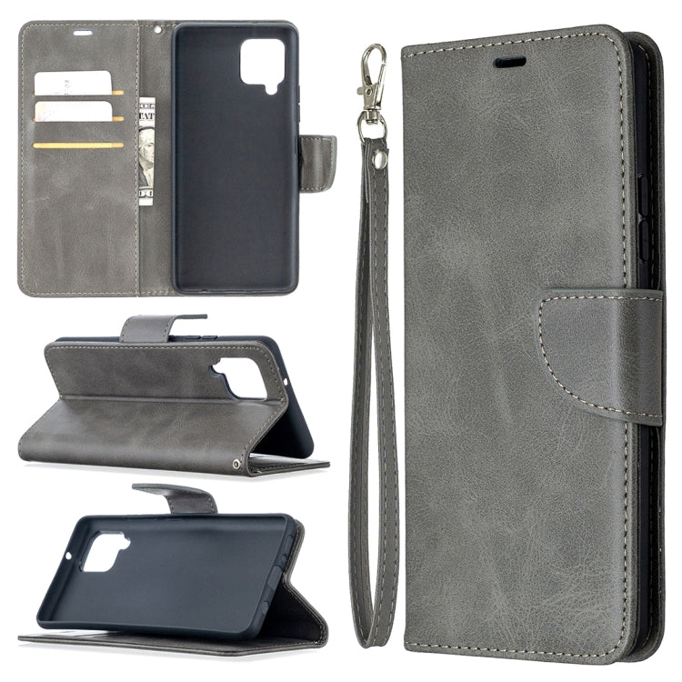 Grey flip phone wallet case in PU leather with card slots and wrist lanyard.