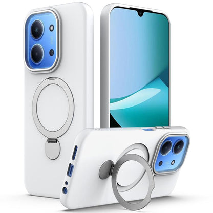 White pivot ring phone case with camera cutout and ring stand holder.