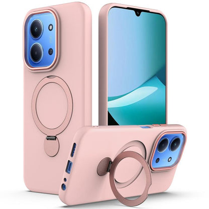 Pink pivot ring phone case with camera cutouts and circular stand ring.