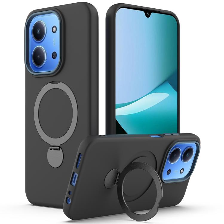 Black pivot ring phone case with camera cutouts and circular ring stand holder.