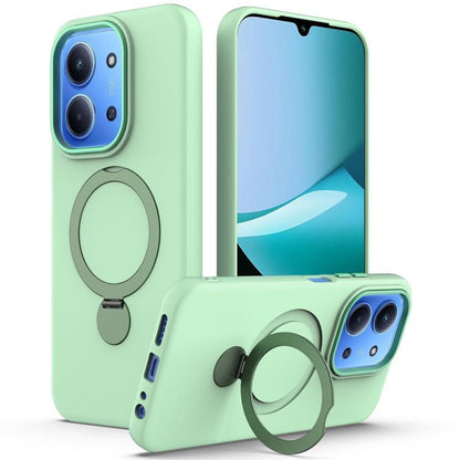 Mint green pivot ring phone case with camera cutouts and circular stand ring.