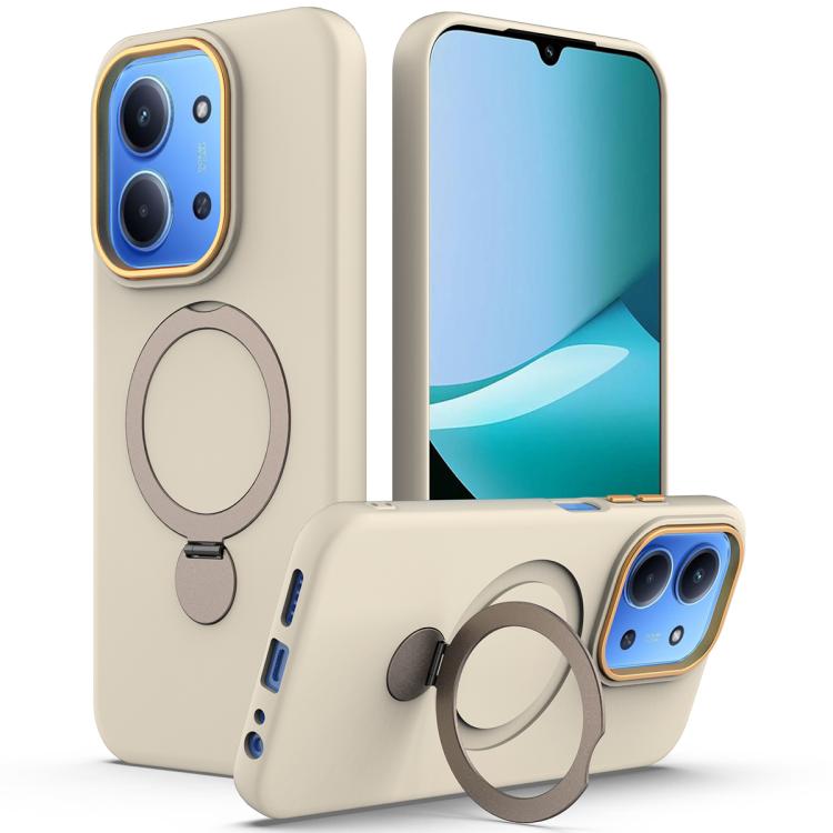 Cream pivot ring phone case with camera cutouts and circular stand ring.