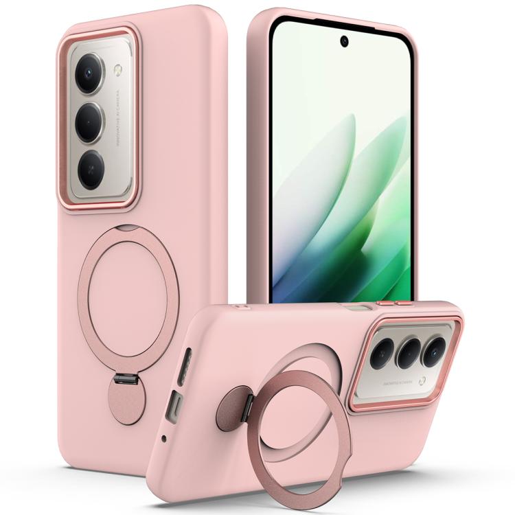 Pink phone case with rotating ring stand, hybrid TPU/PC, covers phone cameras