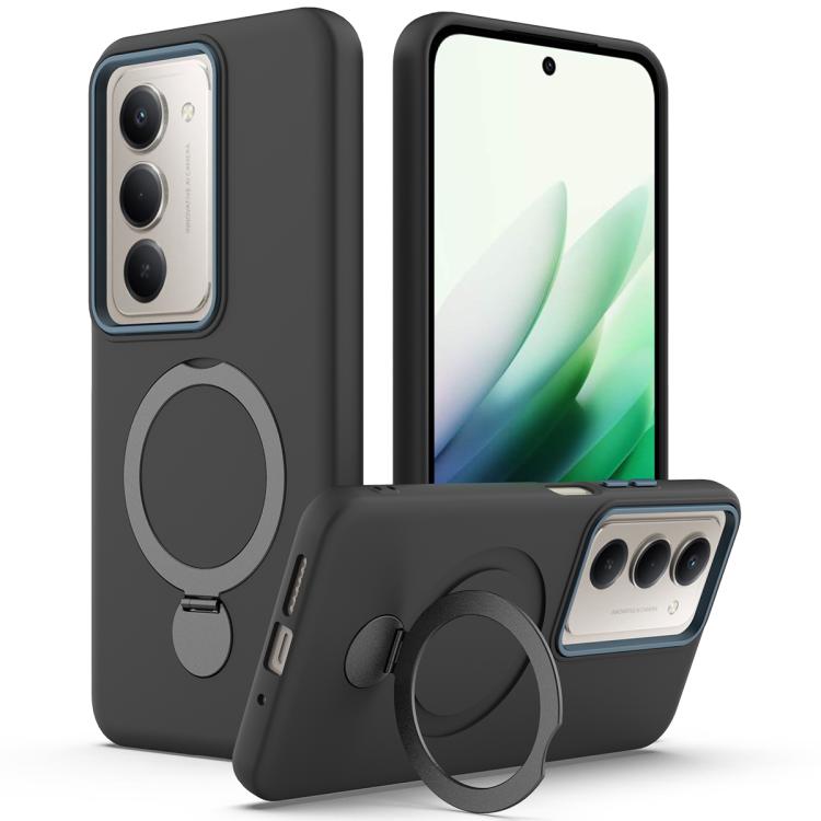 Black phone case with rotating ring stand, hybrid TPU/PC, covers phone cameras