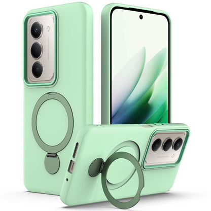 Light green phone case with rotating ring stand, hybrid TPU/PC, covers phone cameras
