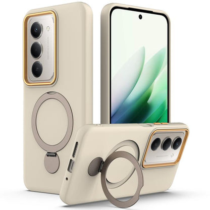 Beige phone case with rotating ring stand, hybrid TPU/PC, covers phone cameras