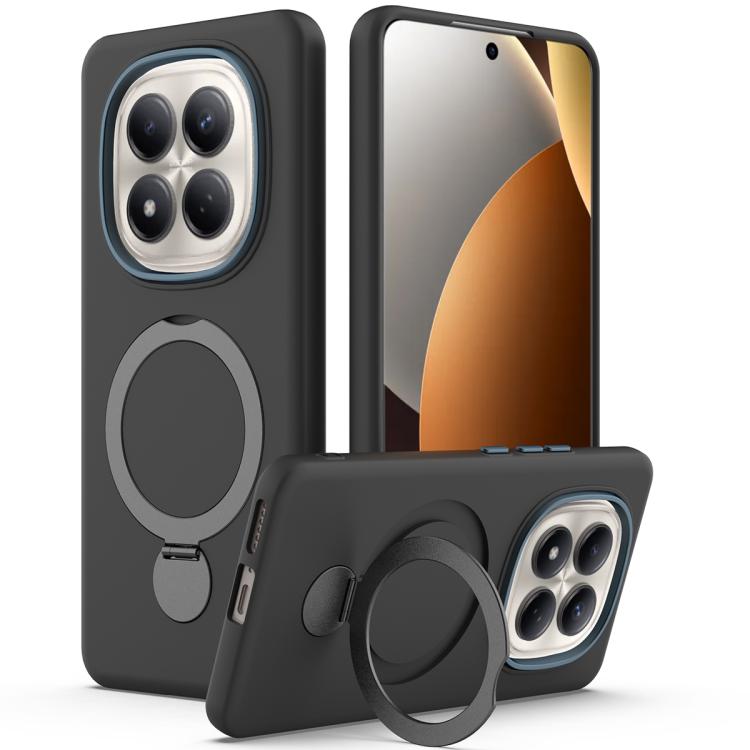 Black pivot ring phone case with camera cutouts and circular stand ring.