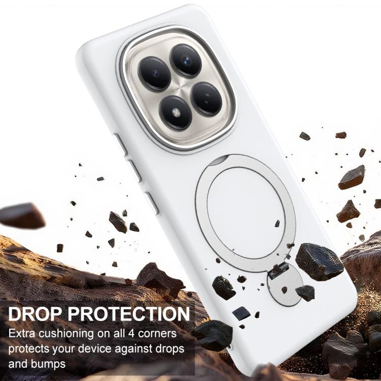 White rugged pivot ring phone case with drop protection corners and camera lens cover
