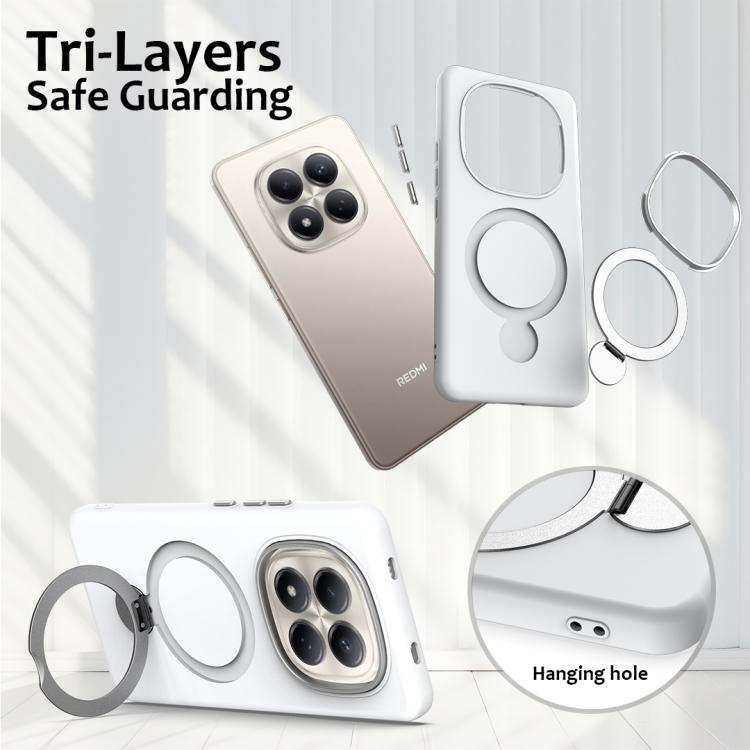 White tri-layer safe phone case with pivot ring holder and hanging hole