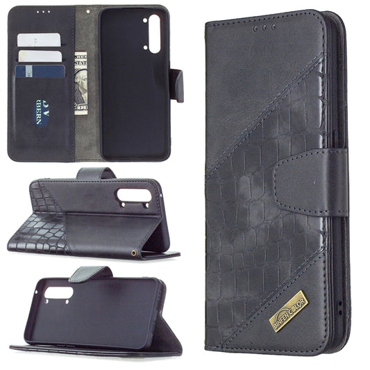 Black PU leather phone wallet case with crocodile texture, card slots, flip cover.