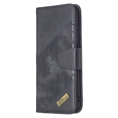 Grey PU leather phone wallet case with crocodile texture, card slots, flip cover.