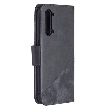 Dark grey PU leather phone wallet case with crocodile texture, card slots, flip cover.