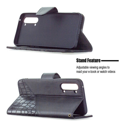 Dark purple PU leather phone wallet case with crocodile texture, card slots, flip cover.