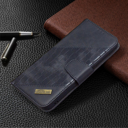 Blue PU leather phone wallet case with crocodile texture, card slots, flip cover.