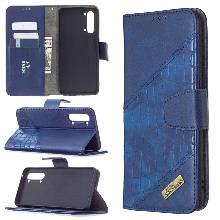 Blue PU leather phone wallet case with crocodile texture, card slots, flip cover.