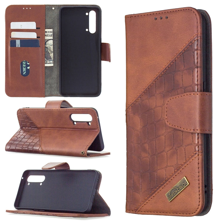 Brown PU leather phone wallet case with crocodile texture, card slots, flip cover.
