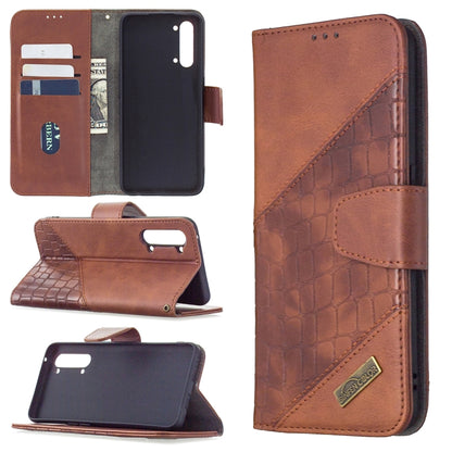 Brown PU leather phone wallet case with crocodile texture, card slots, flip cover.