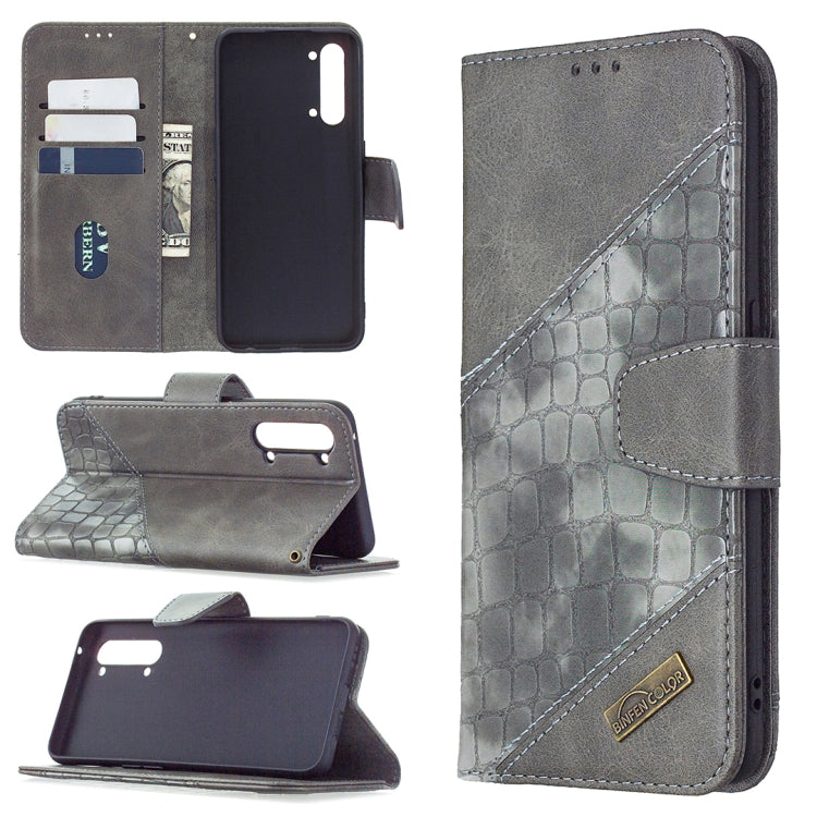 Grey PU leather phone wallet case with crocodile texture, card slots, flip cover.