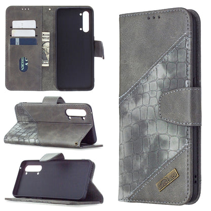 Grey PU leather phone wallet case with crocodile texture, card slots, flip cover.