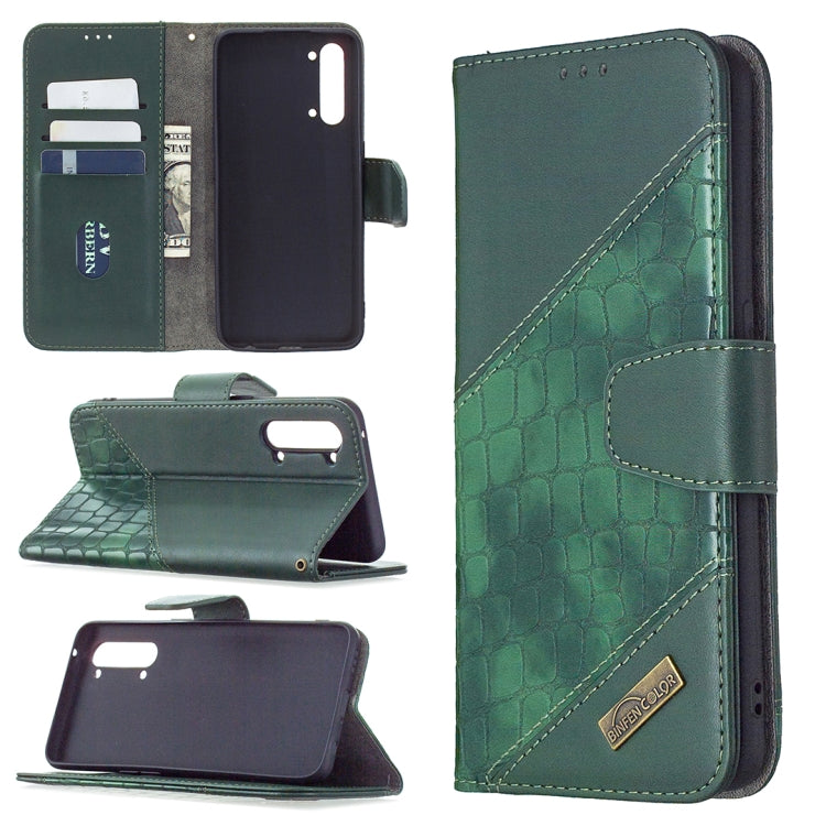 Green PU leather phone wallet case with crocodile texture, card slots, flip cover.
