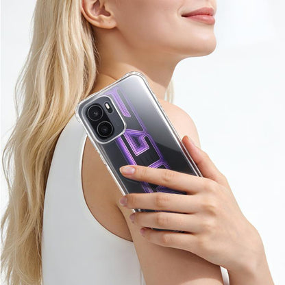 Transparent TPU phone case with camera cutout, worn on a purple phone