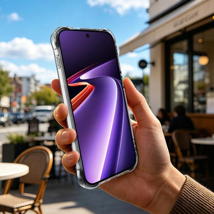 Clear TPU phone case on a phone held in a hand, with camera opening visible
