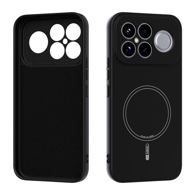 Black MagSafe liquid silicone phone case with camera cutouts and circular ring mark.